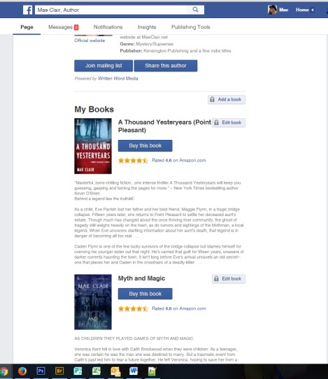 screen shot of facebook's author app from fan page for Mae Clair depicts book covers and book blurbs