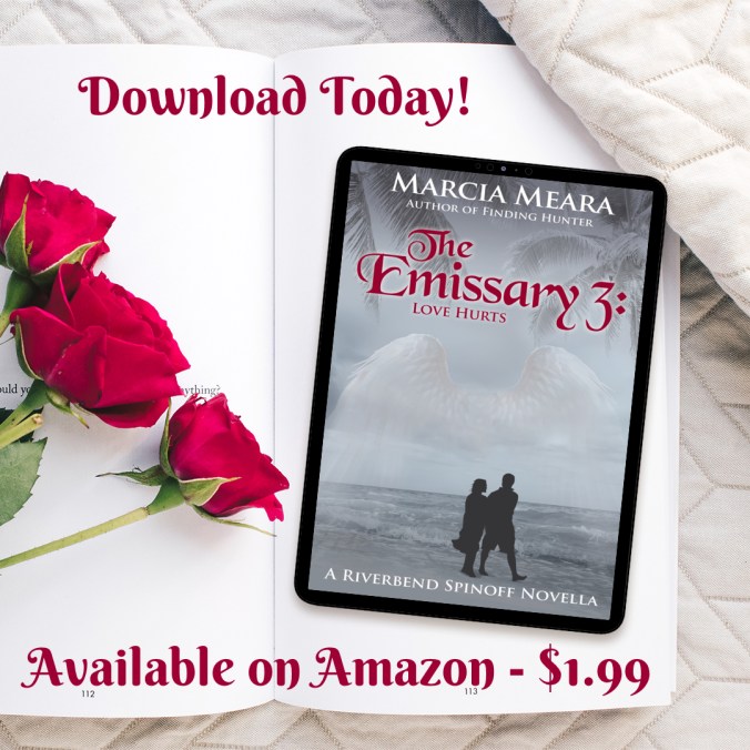 Banner ad for Emissary 3 by Marcia Meara shows Kindle with book cover displayed lying next to red roses