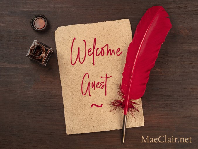 red quill pen on a piece of old parchment paper, with an ink well with words Welcome Guest in script red quill pen on a piece of old parchment paper, with an ink well with words Welcome Guest in script